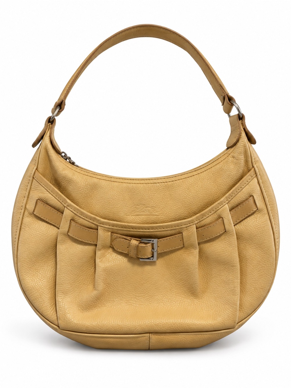 Longchamp Pebbled Leather Shoulder Bag with Bow Detail – Beige/Tan